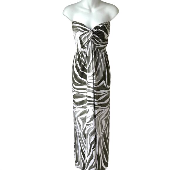 Tommy Bahama Strapless Maxi Dress Women's Large Green White Tropical Zebra Print - Picture 1 of 15
